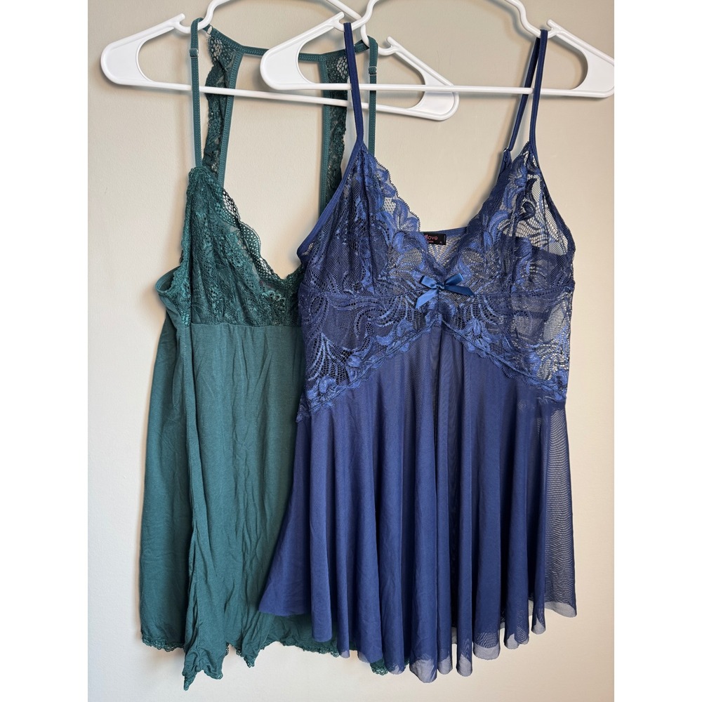 Lace Trim Babydoll Chemise Lingerie Tank Tops (LOT of 2) Blue Green XL Coquette